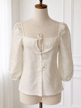 Casa Raki Nicola Organic Linen Puff Sleeve Tie-Front Top - White - Small